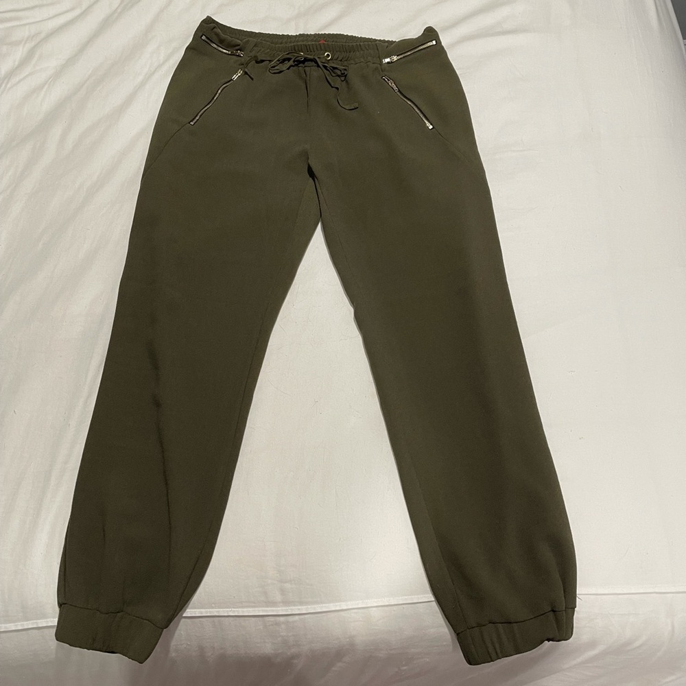 Army green nice jogger pants with gold zippers